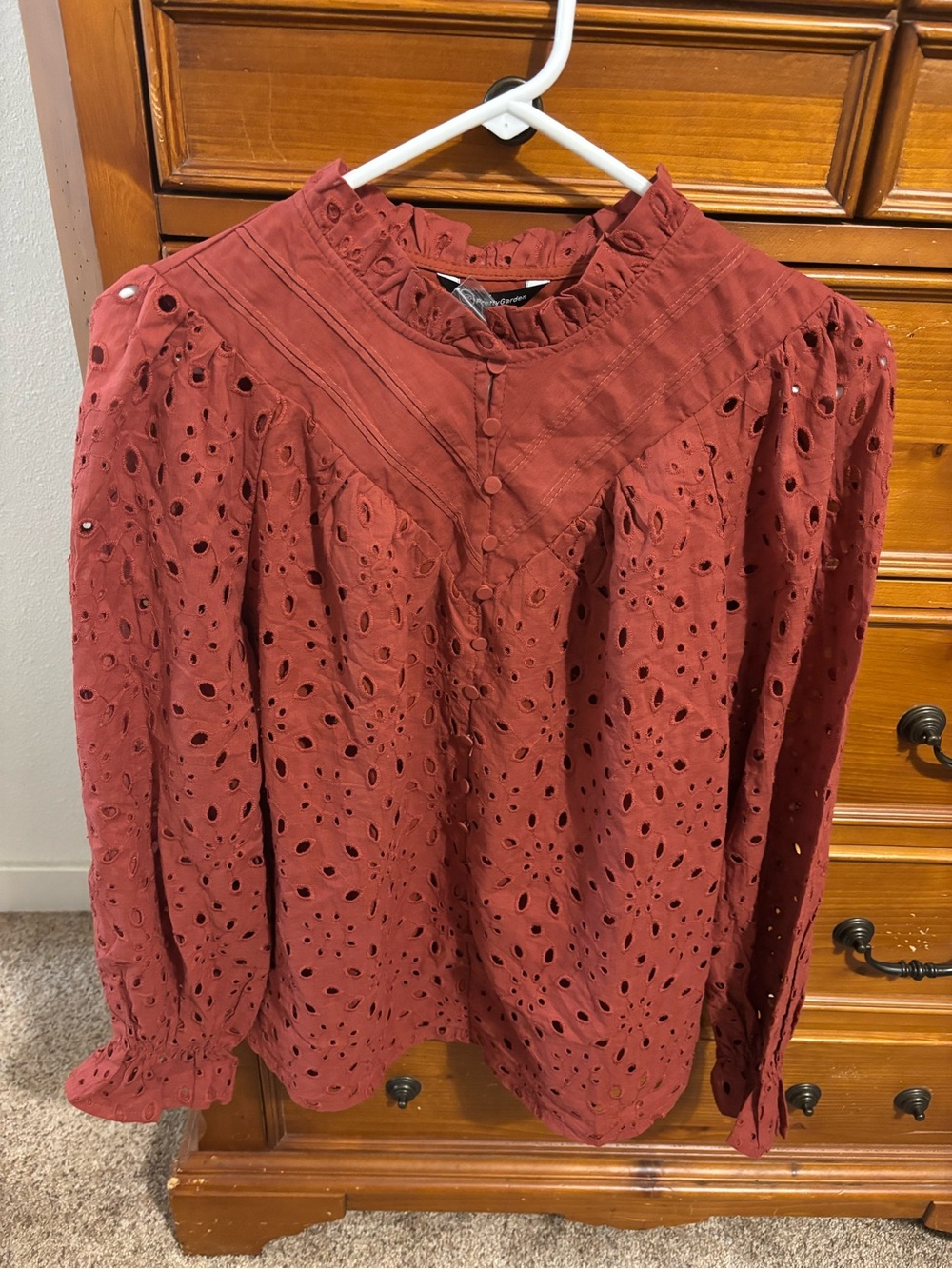 Eyelet Ruffle Yoke Blouse in Deep Rust - prettygarden